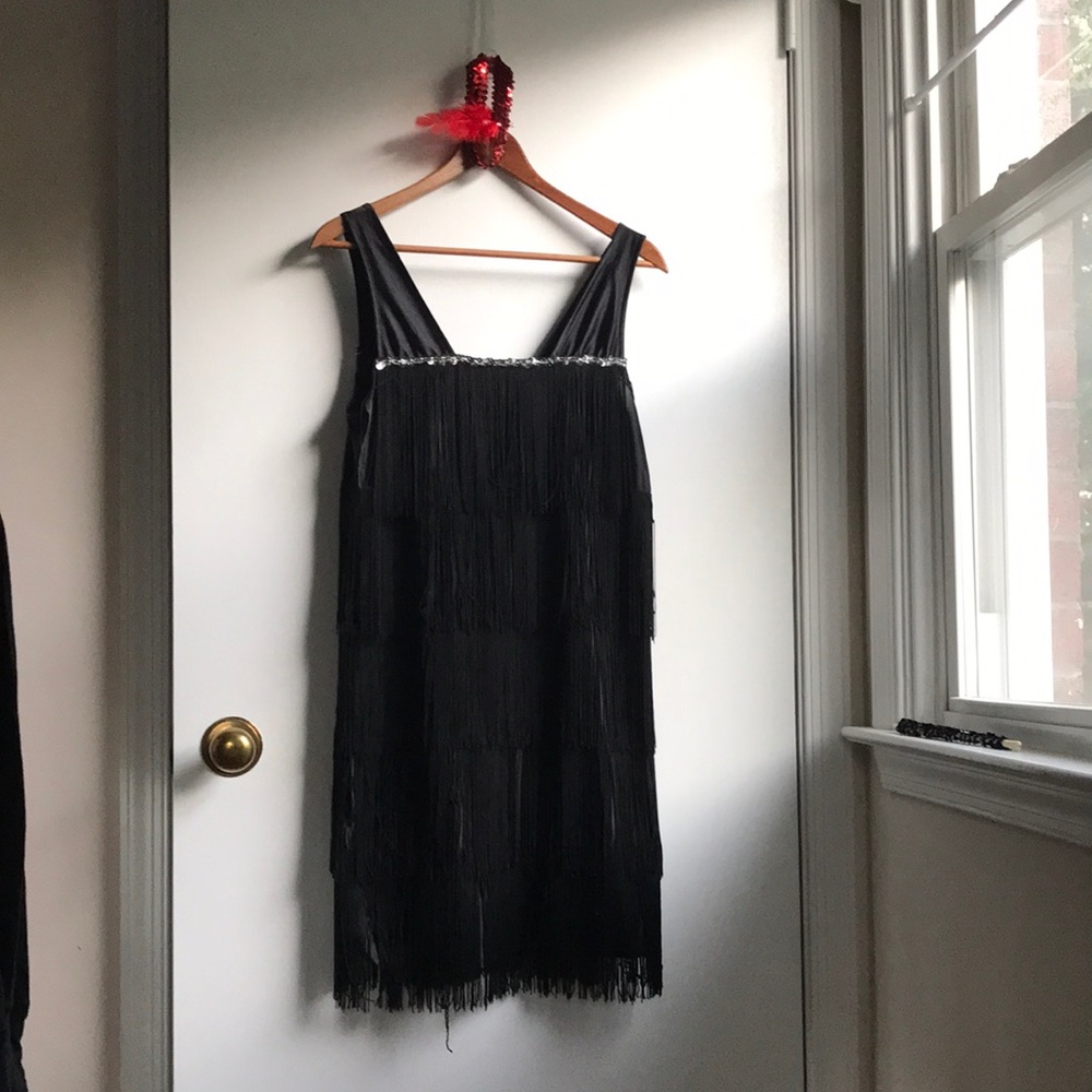 Flapper Dress Costume with Sequined Feather Headband and faux cigarette holder